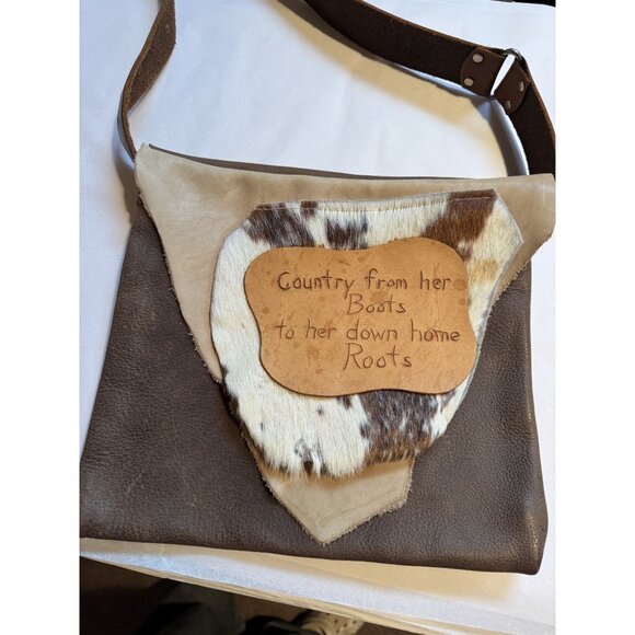 Leather & Cowhide Shoulder Bag With Rustic Country Engraving On Flap For Western - Picture 2 of 16